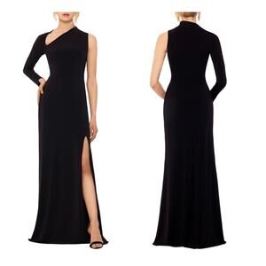 Betsy & Adam Black Asymmetrical Neck One Sleeve Long Slit Evening Gown Size 10